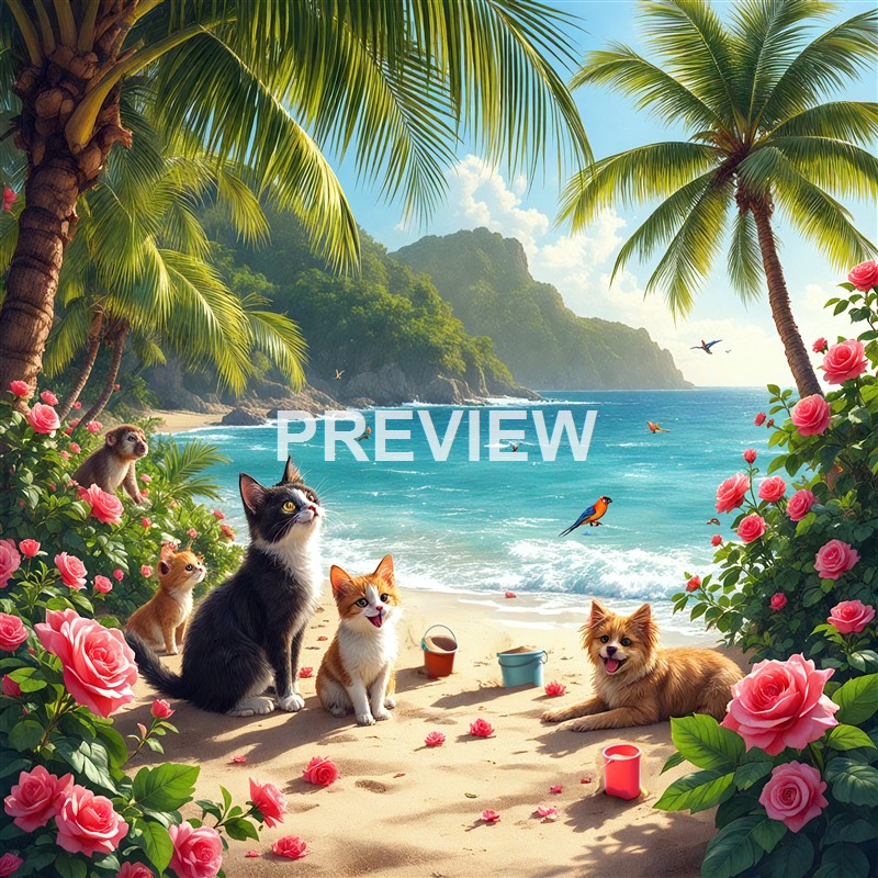 A tropical beach scene featuring lush palm trees, pink roses, playful cats and kittens, and a scenic backdrop of mountains, ocean, and flying birds under a bright sky.
